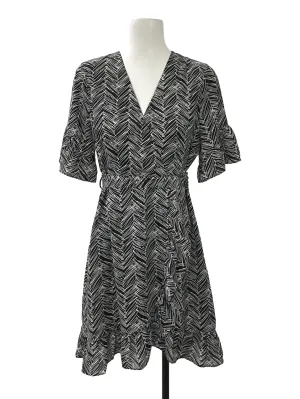 Black Patterned V Neck Flutter Dress