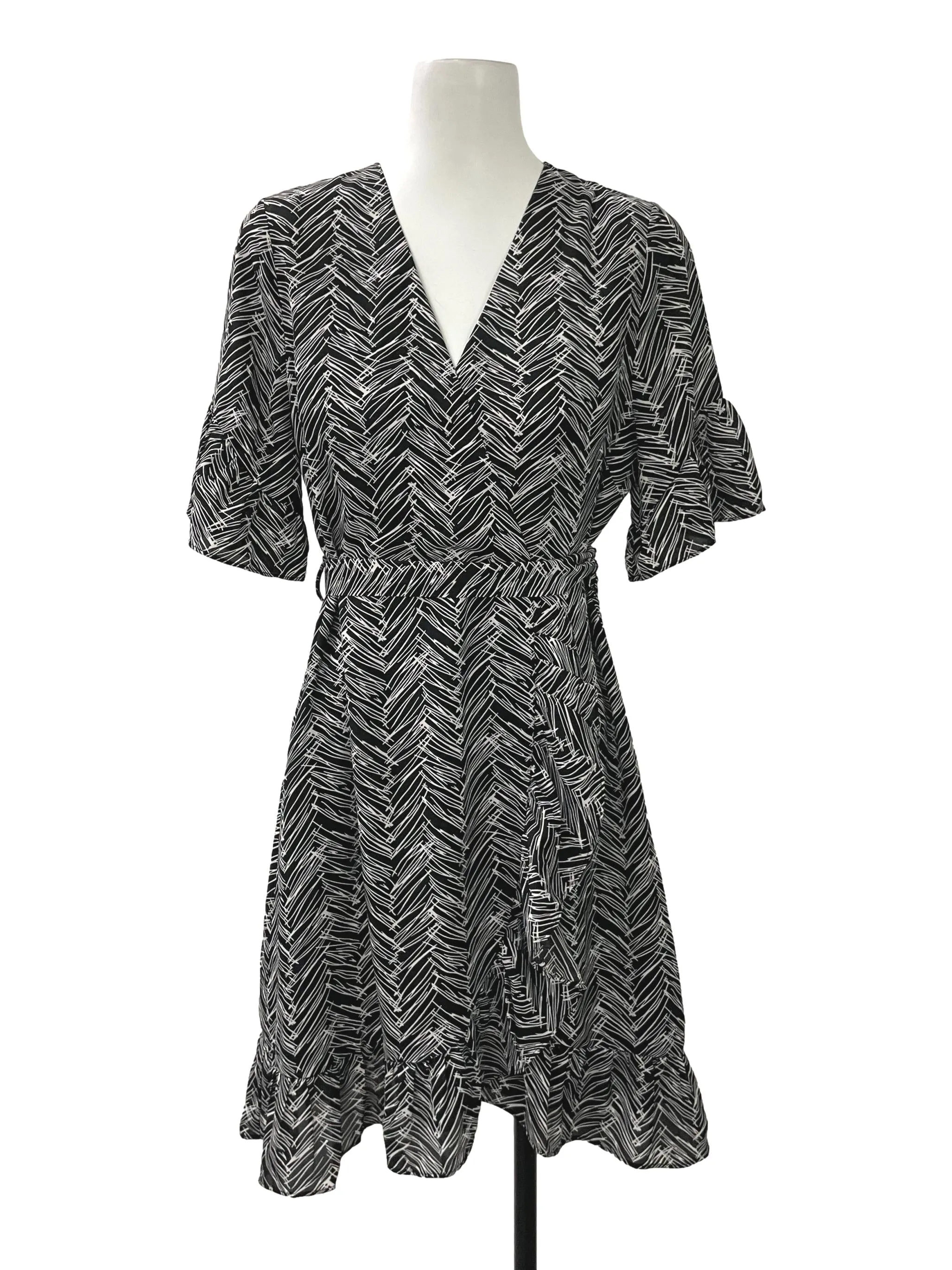 Black Patterned V Neck Flutter Dress