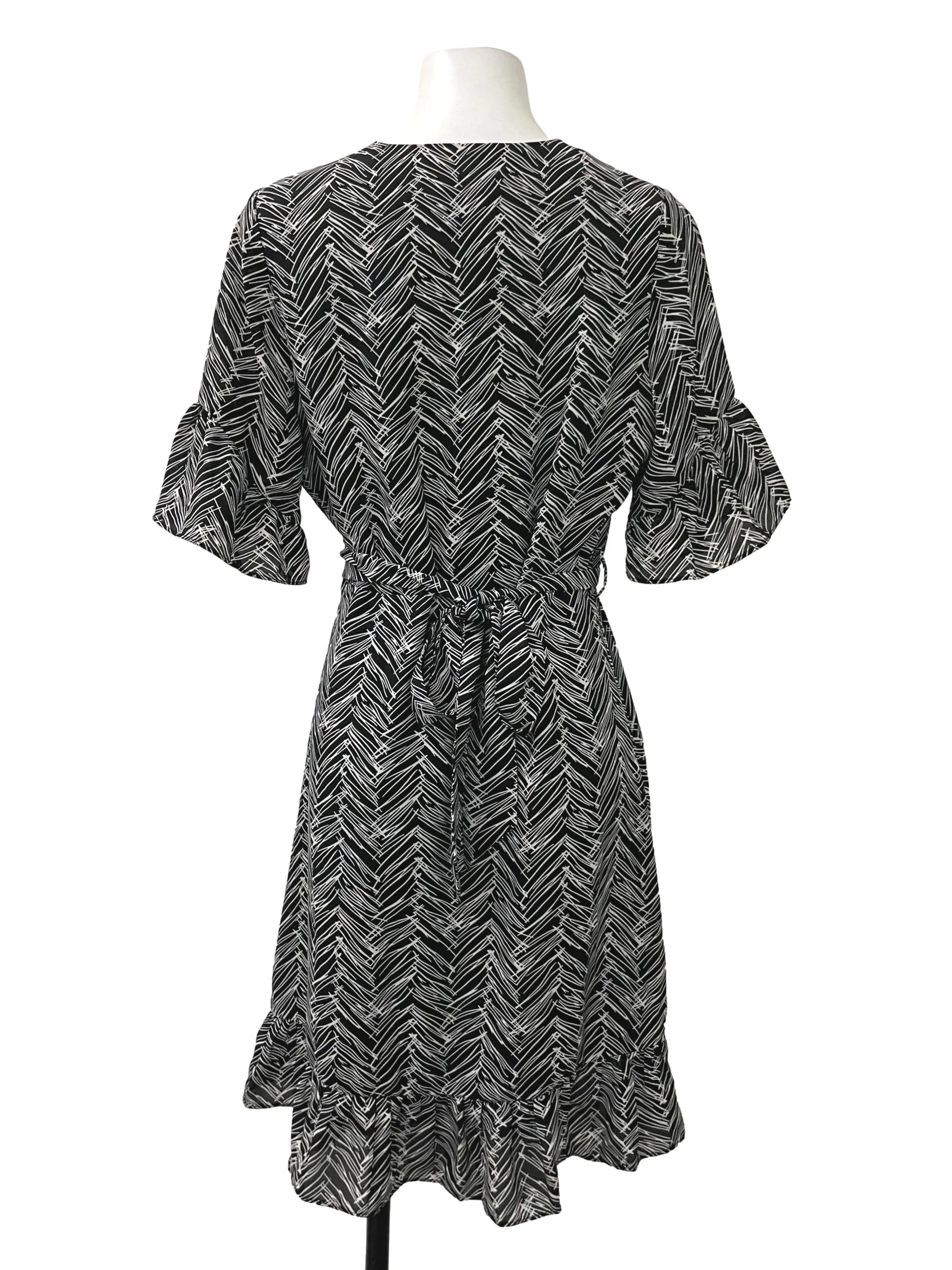 Black Patterned V Neck Flutter Dress