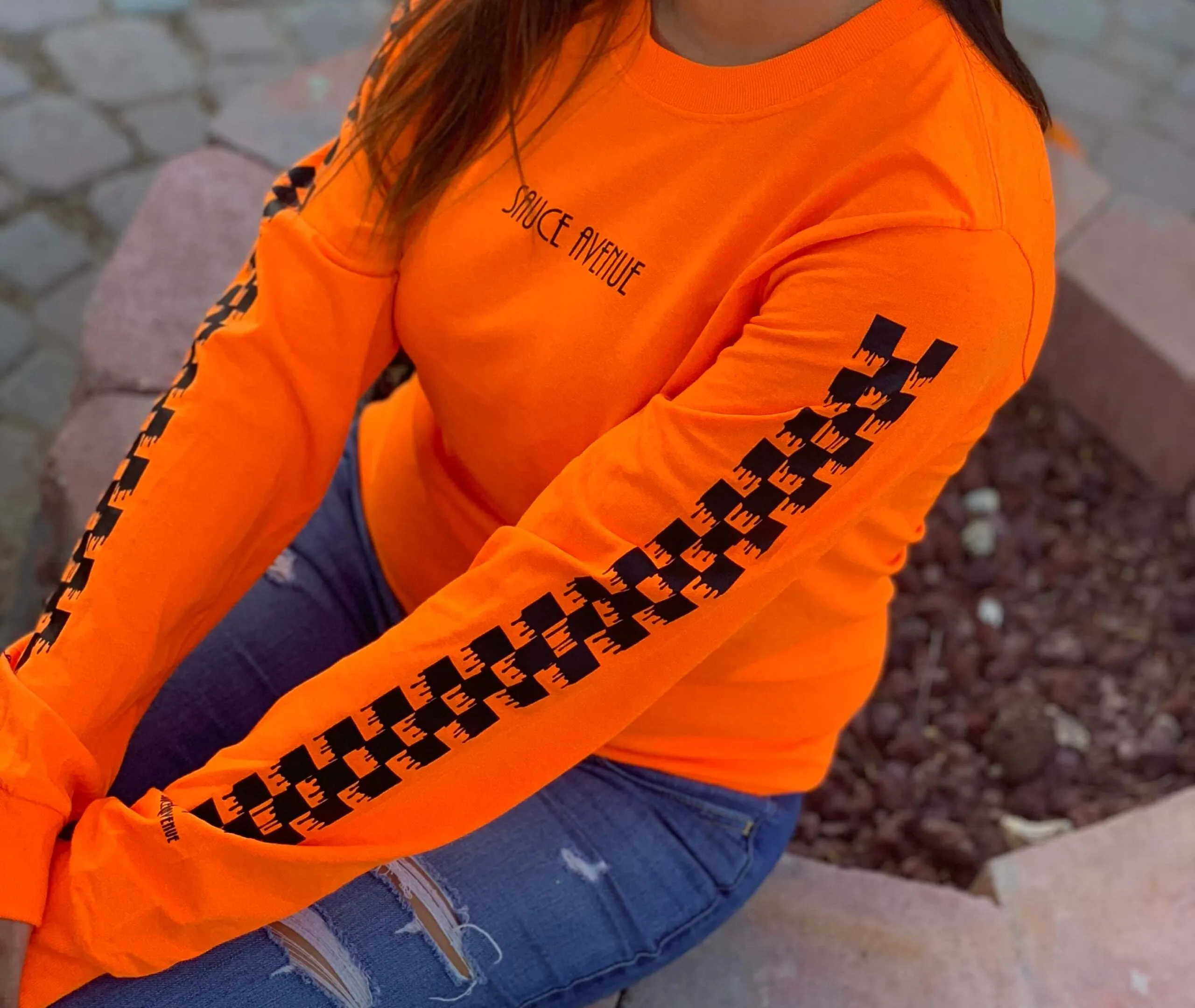 Black SA | Neon Orange Long Sleeve Tee (Solid Checkered Drippin Sleeve)