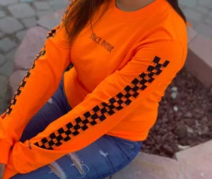 Black SA | Neon Orange Long Sleeve Tee (Solid Checkered Drippin Sleeve)