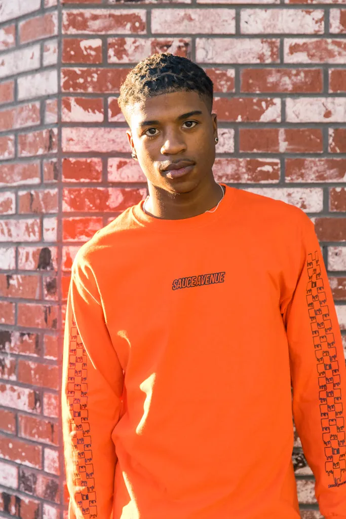 Black SA Outline | Orange Long Sleeve Tee (Outline Checkered Drippin Sleeve)