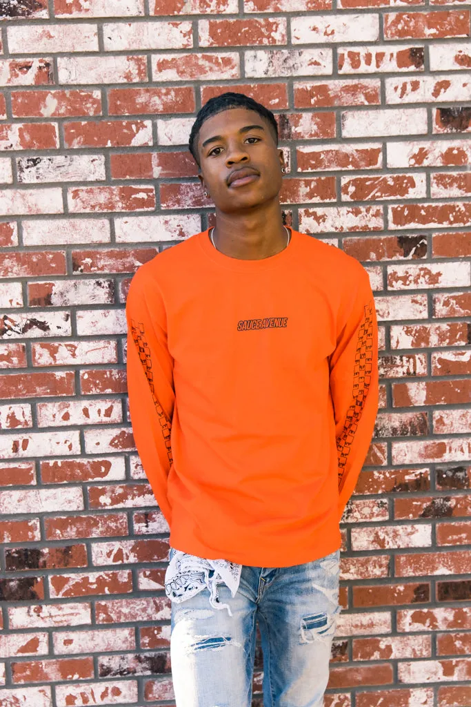 Black SA Outline | Orange Long Sleeve Tee (Outline Checkered Drippin Sleeve)