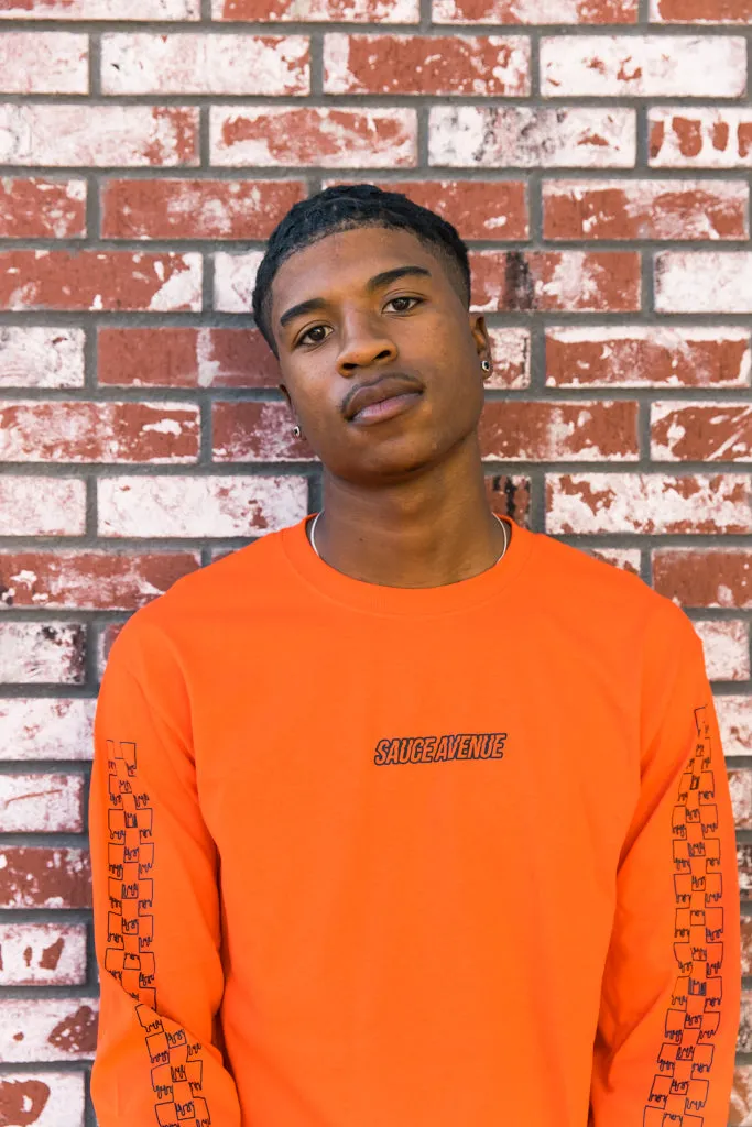 Black SA Outline | Orange Long Sleeve Tee (Outline Checkered Drippin Sleeve)