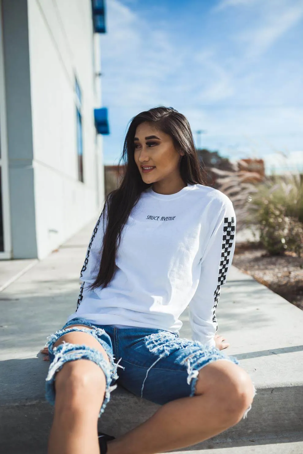 Black SA | White Long Sleeve Tee (Solid Checkered Drippin Sleeve)