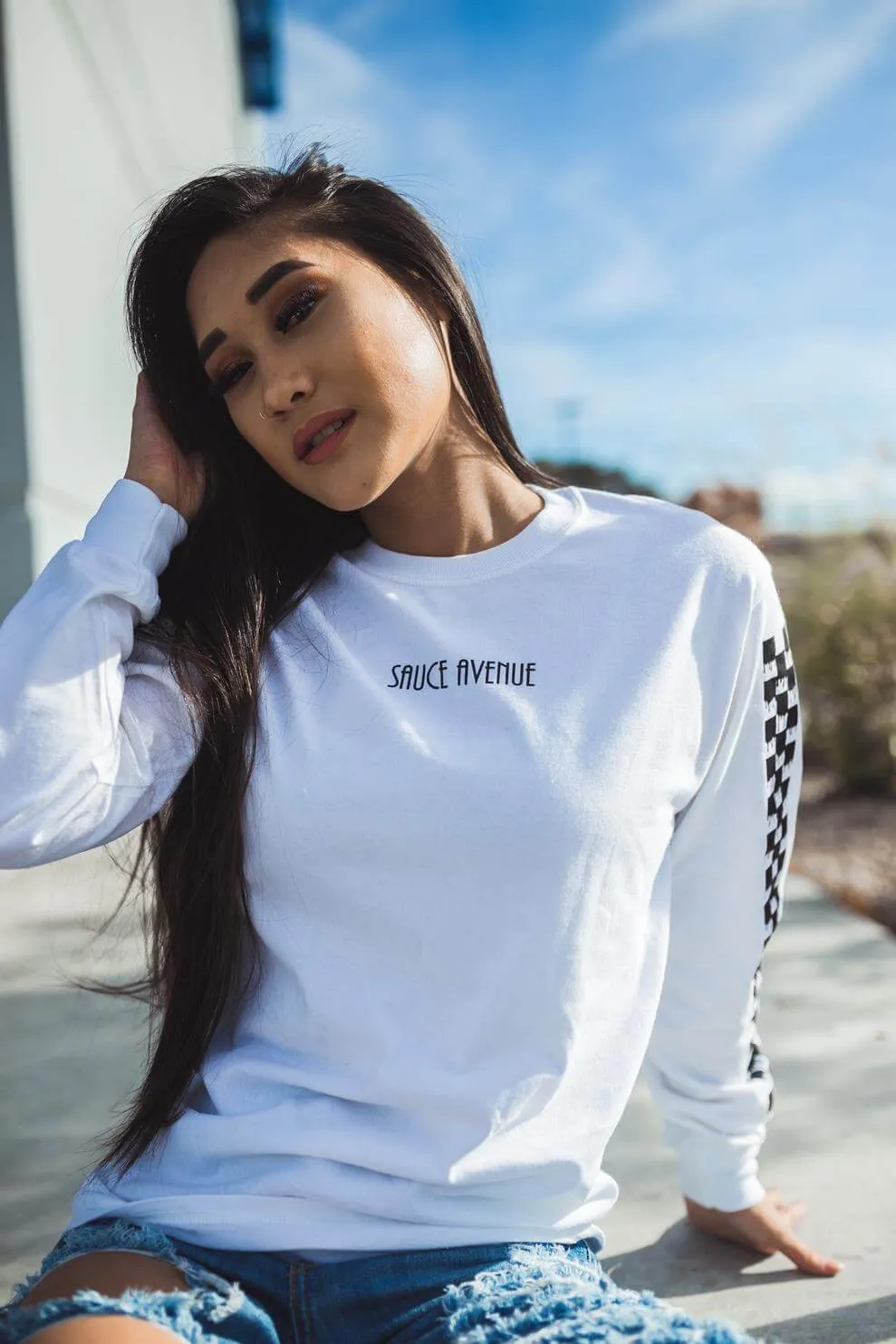 Black SA | White Long Sleeve Tee (Solid Checkered Drippin Sleeve)