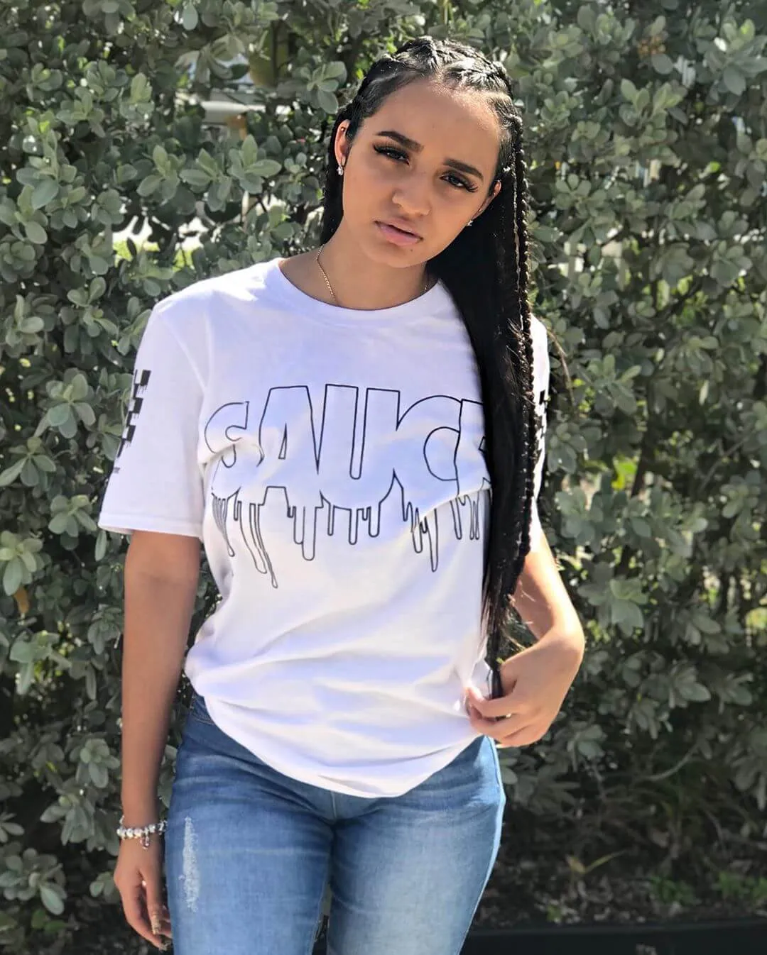 Black Sauce Outline | White Tee (Solid Checkered Drippin Sleeve)
