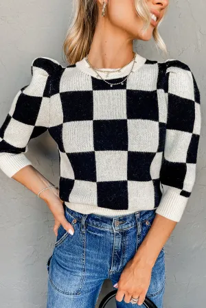 Black Two Tone Checkered Bubble Sleeve Knit Top