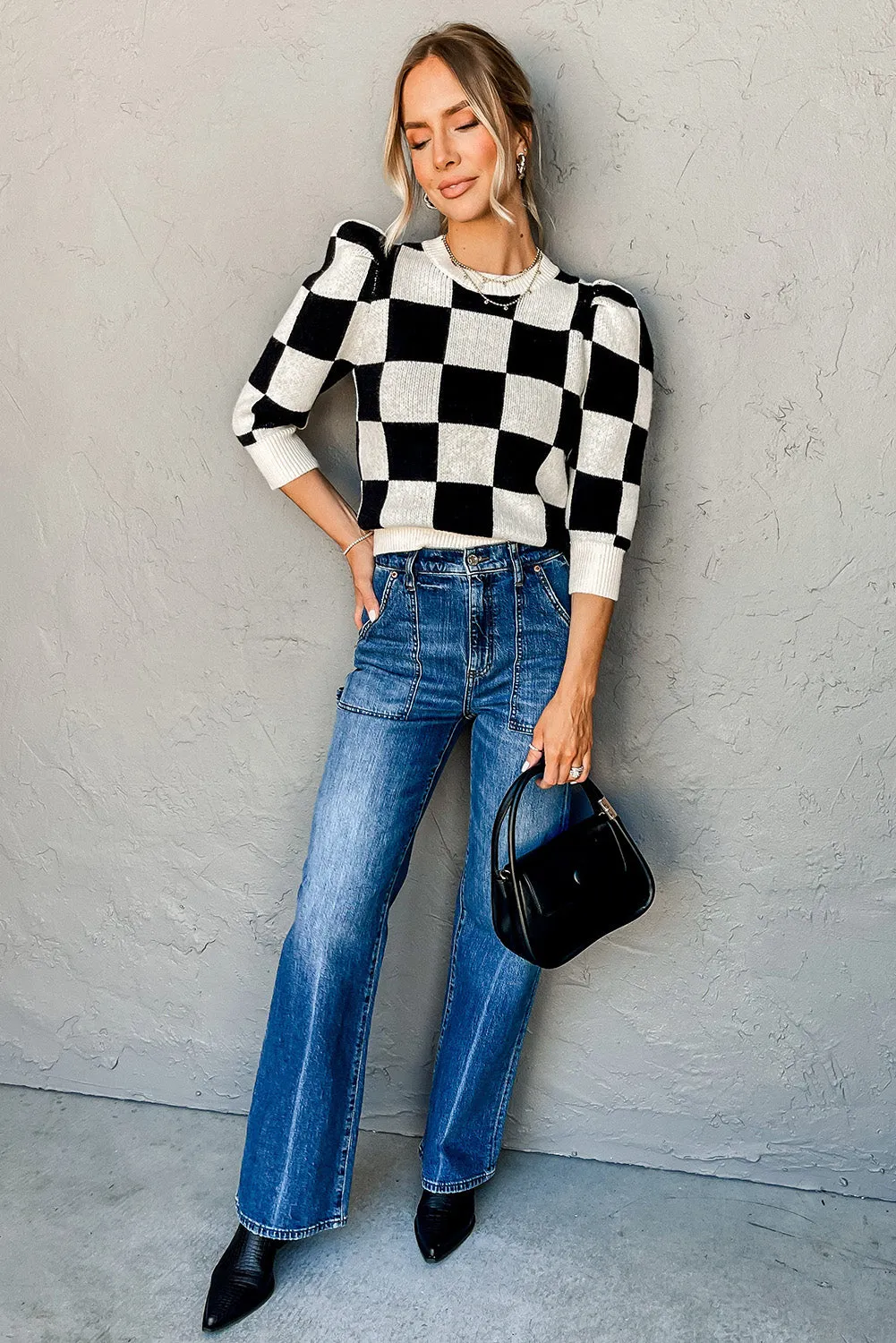Black Two Tone Checkered Bubble Sleeve Knit Top