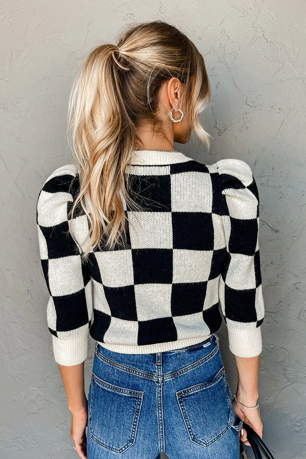 Black Two Tone Checkered Bubble Sleeve Knit Top