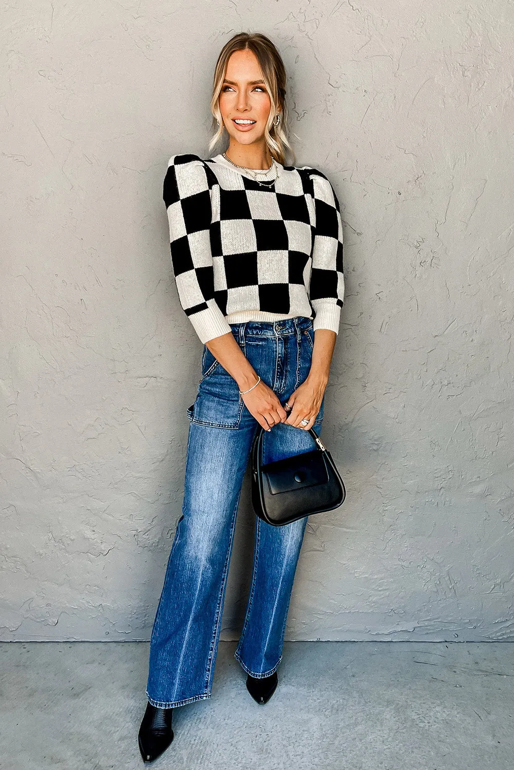 Black Two Tone Checkered Bubble Sleeve Knit Top