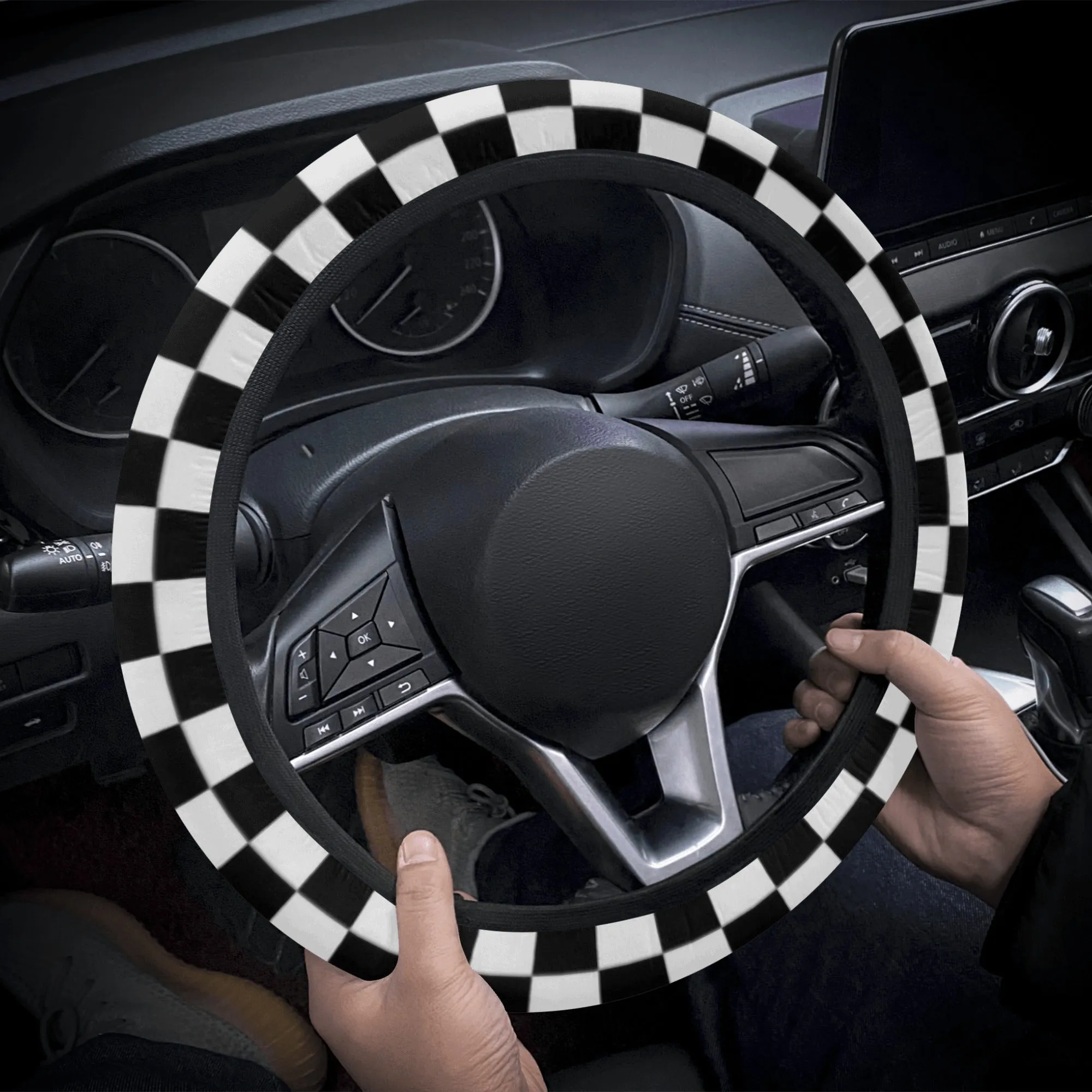 Black White Checkered Car Steering Wheel Cover