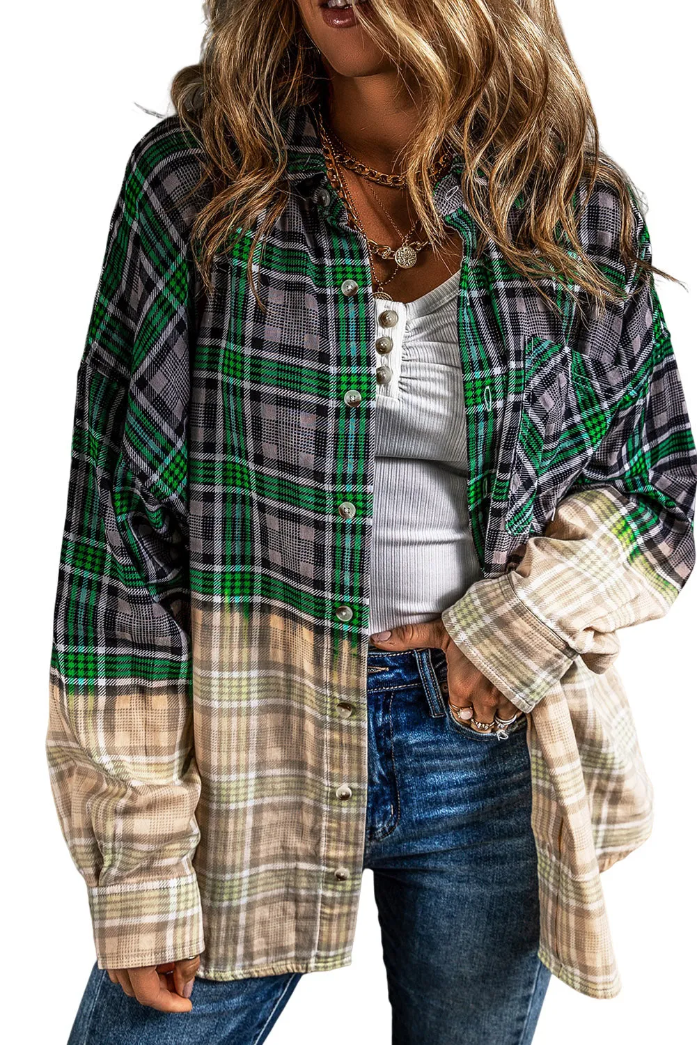 Blackish Green Contrast Checkered Chest Pocket Shacket