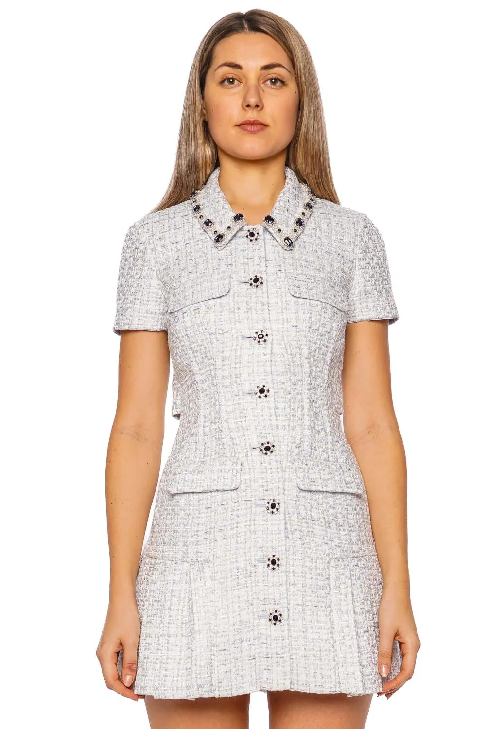 Blue Embellished Bouclé Mini Dress
