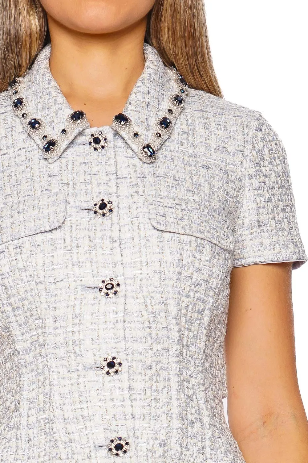 Blue Embellished Bouclé Mini Dress