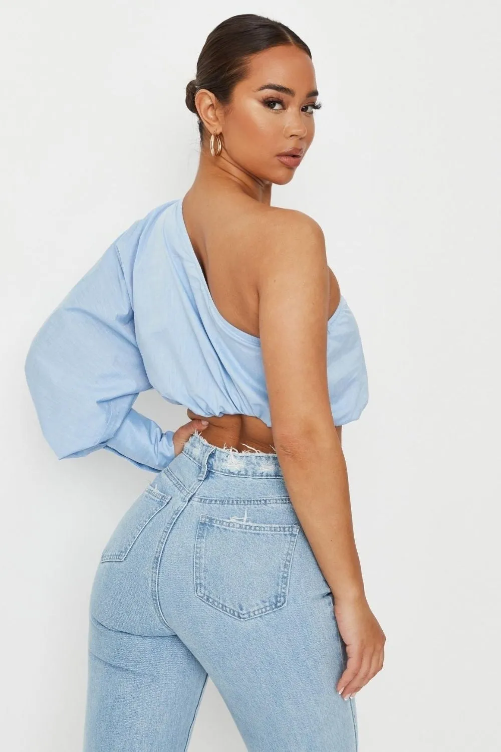 Blue One Shoulder Poplin Crop Top