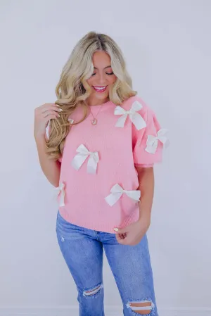 Bow-tifully Adorned Short Sleeve Sweater- Pink