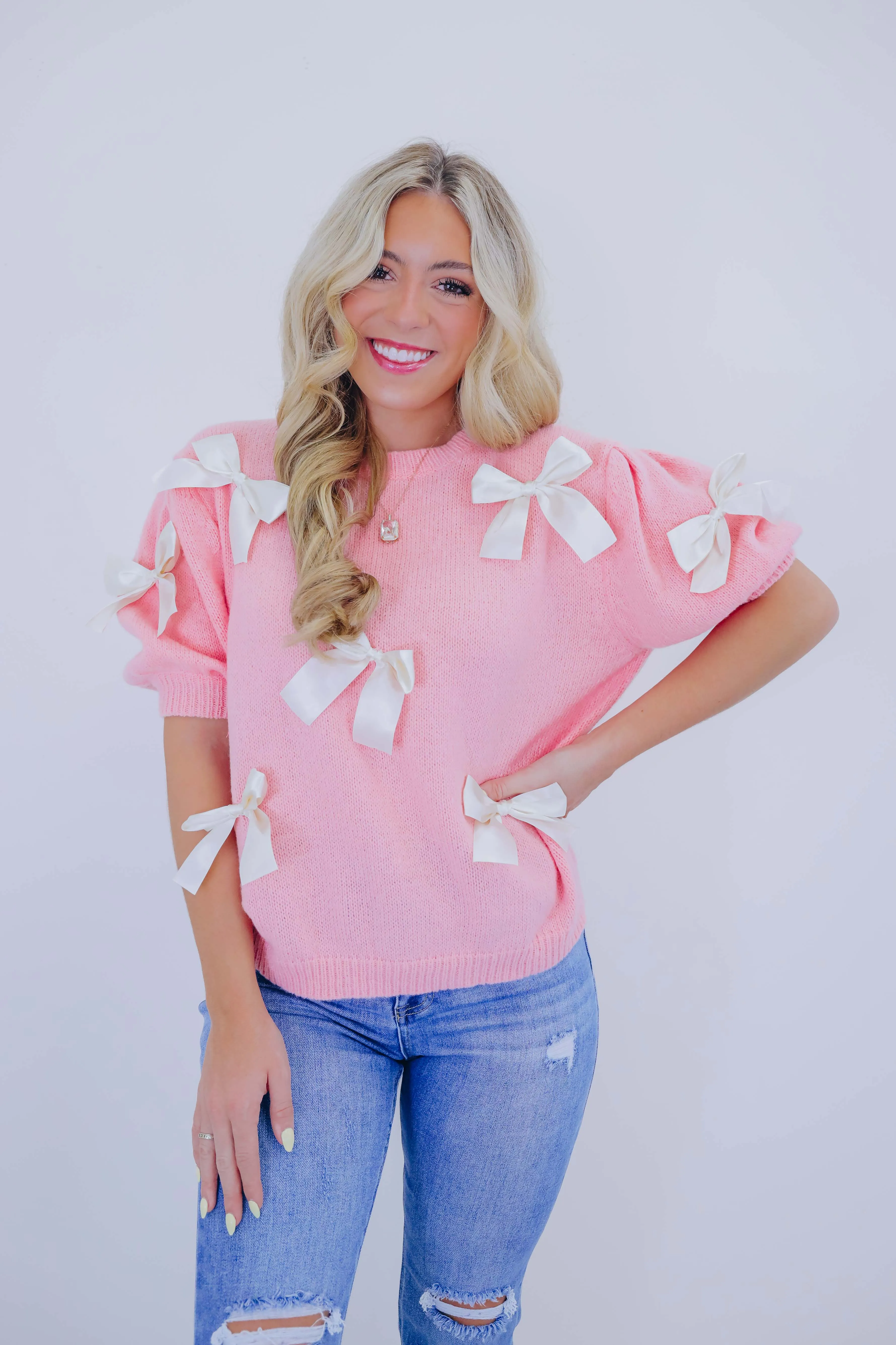 Bow-tifully Adorned Short Sleeve Sweater- Pink