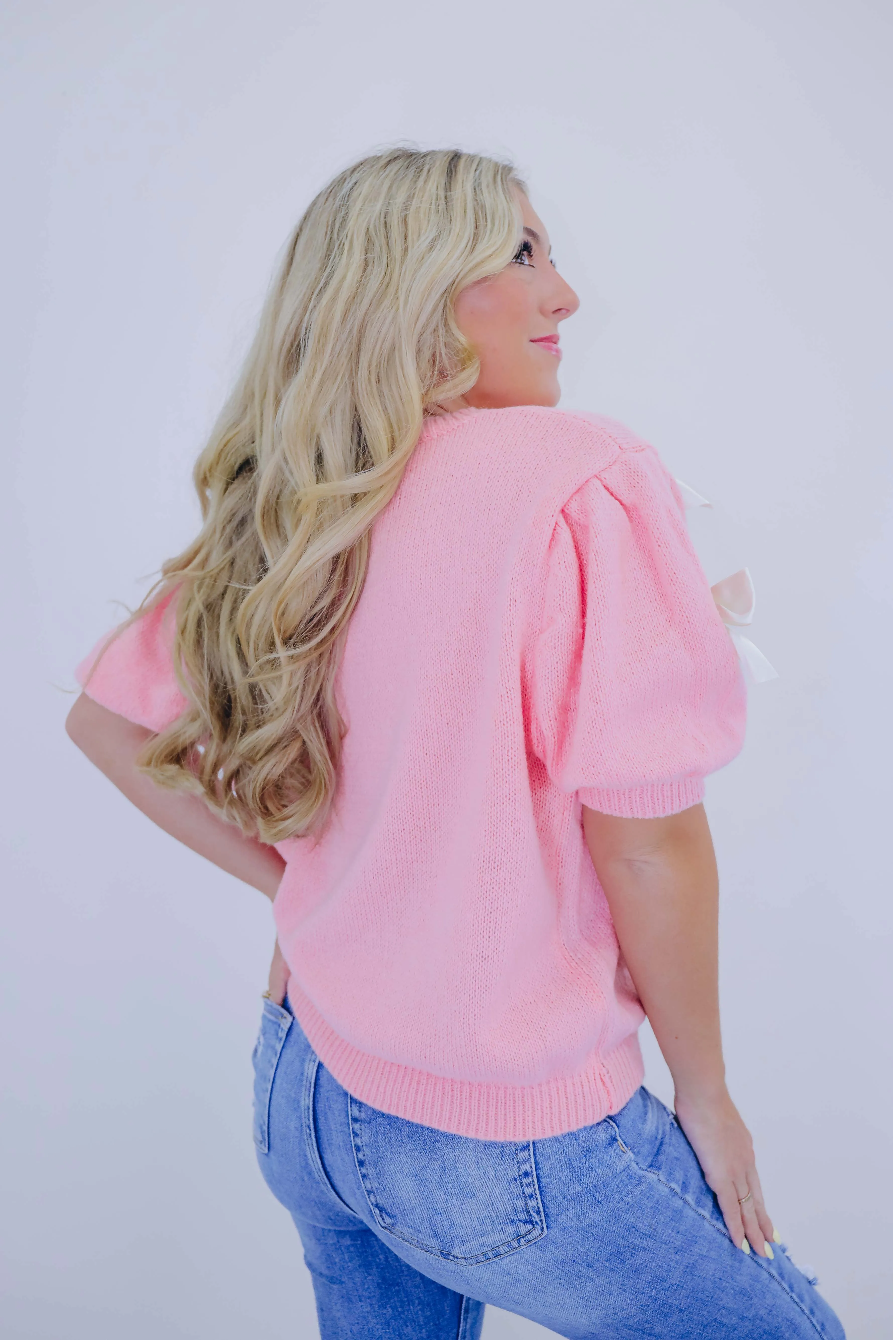 Bow-tifully Adorned Short Sleeve Sweater- Pink