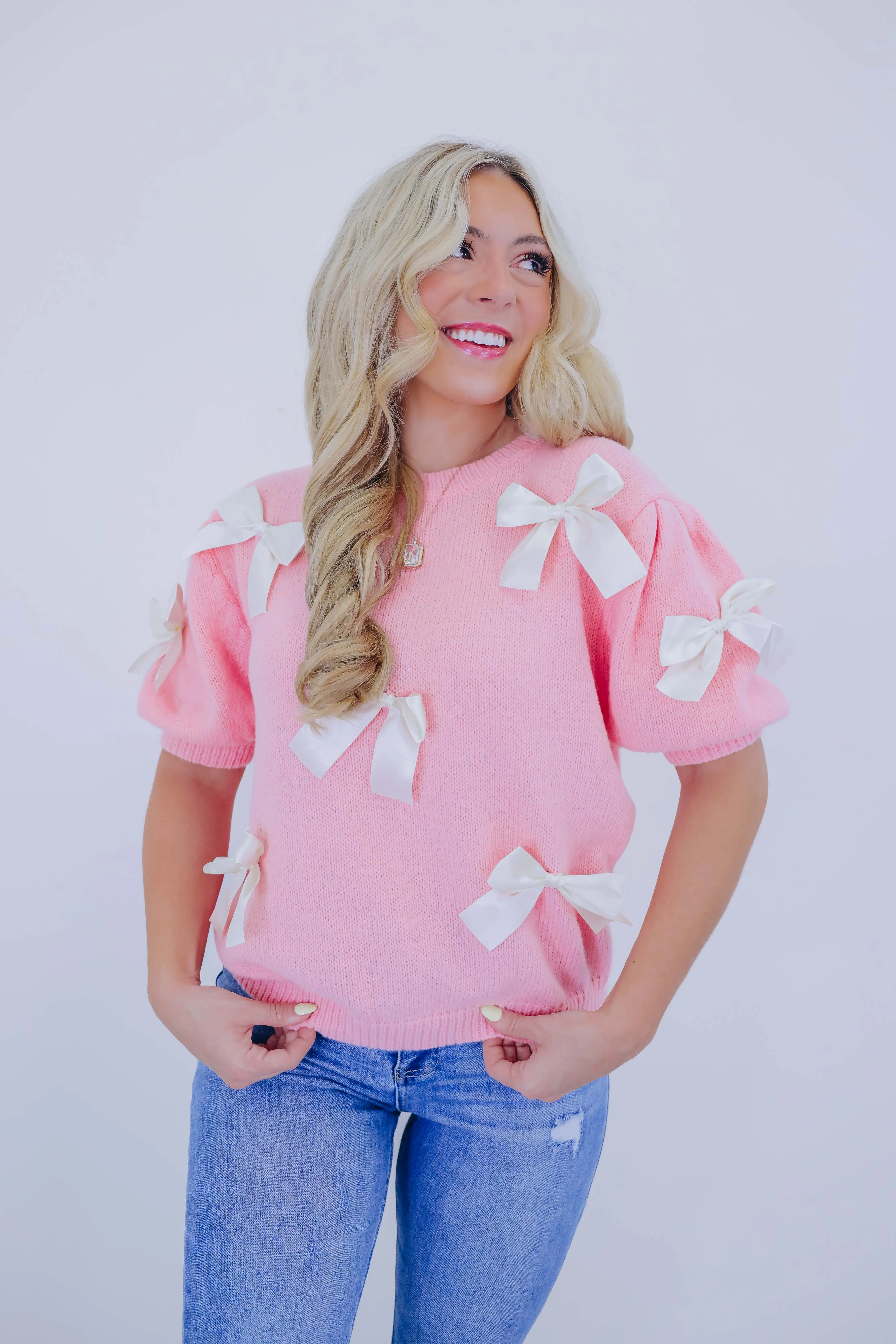 Bow-tifully Adorned Short Sleeve Sweater- Pink