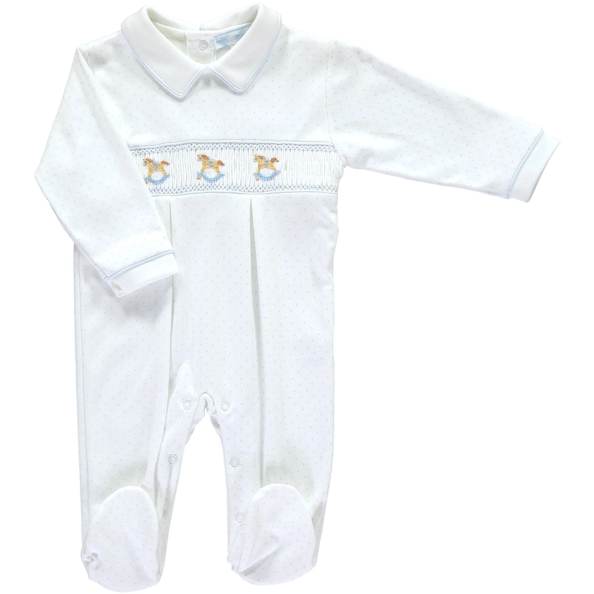 Boys Rocking Horse White and Blue Spotty Babygrow