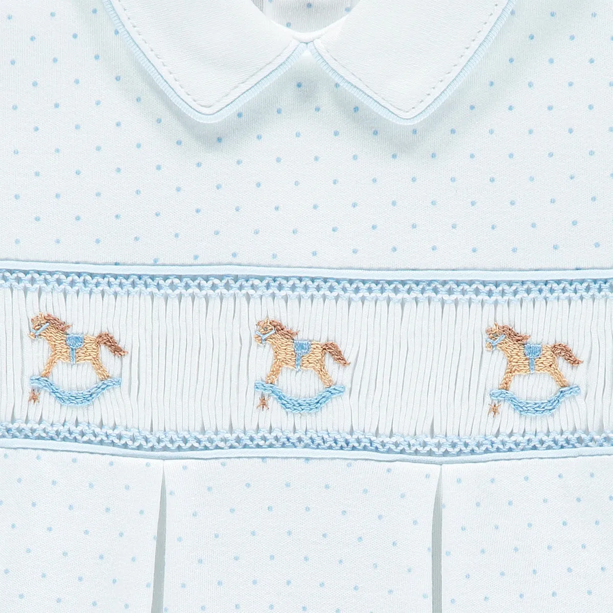 Boys Rocking Horse White and Blue Spotty Babygrow