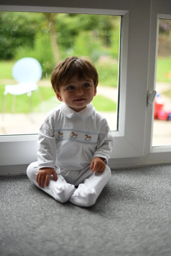 Boys Rocking Horse White and Blue Spotty Babygrow
