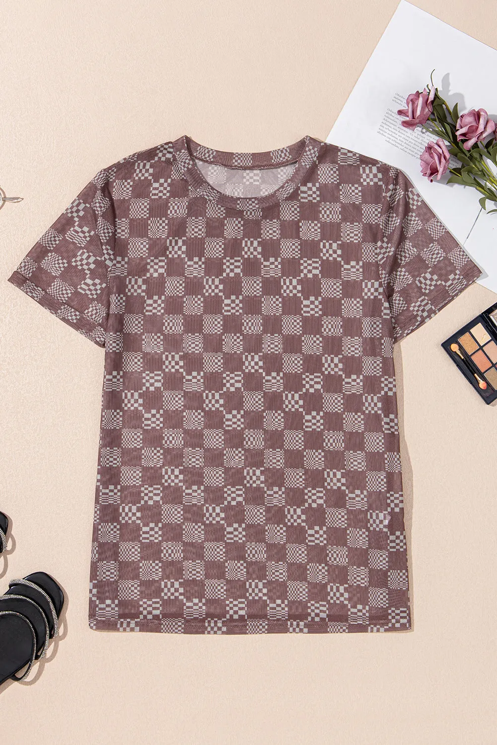 Brown Checkered Print Crewneck Slim Fit Mesh T Shirt