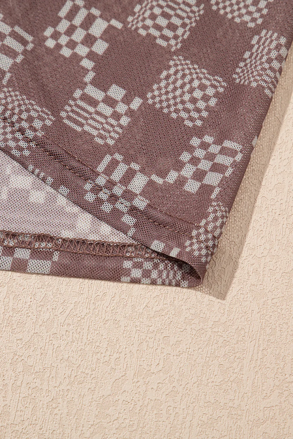 Brown Checkered Print Crewneck Slim Fit Mesh T Shirt