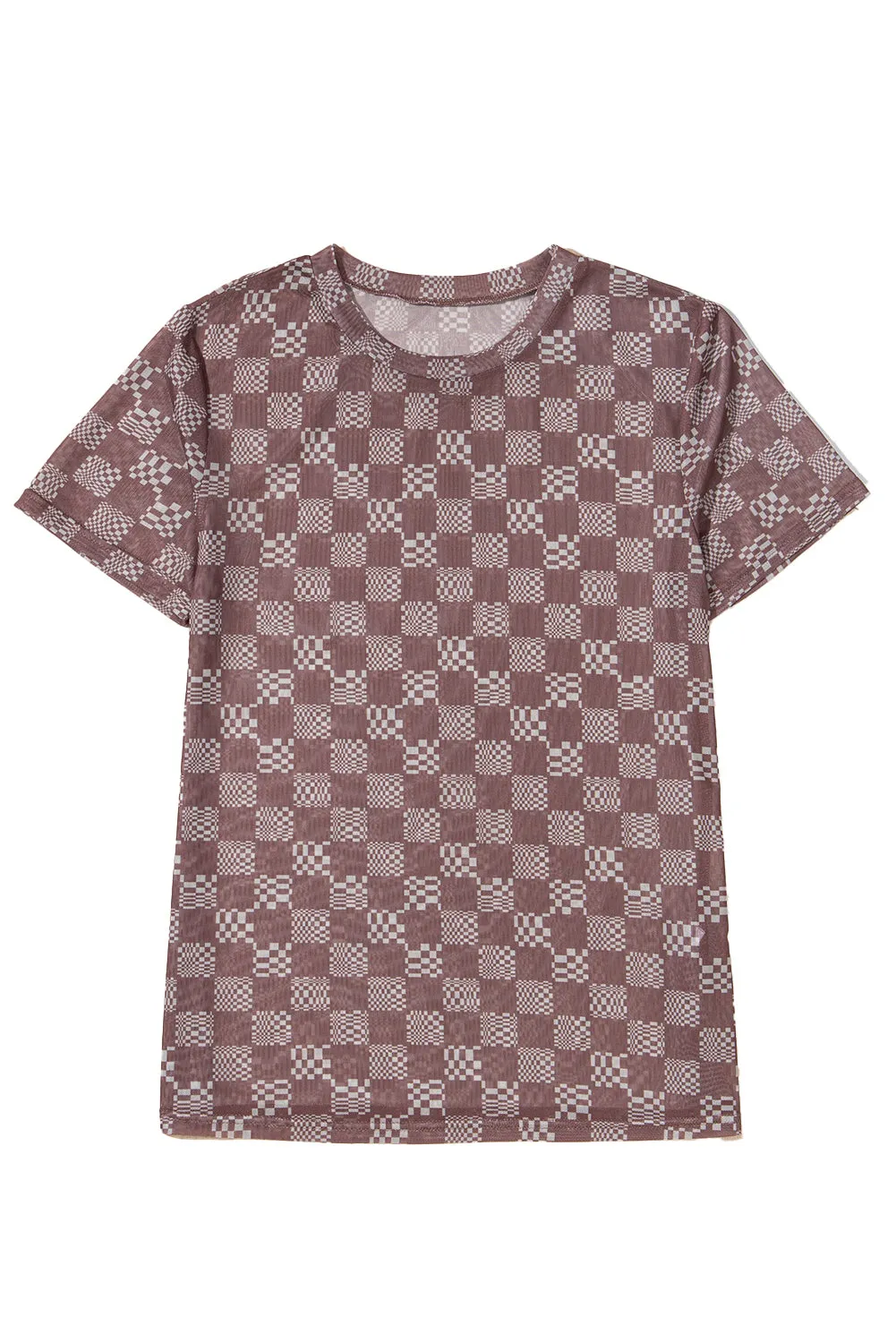 Brown Checkered Print Crewneck Slim Fit Mesh T Shirt
