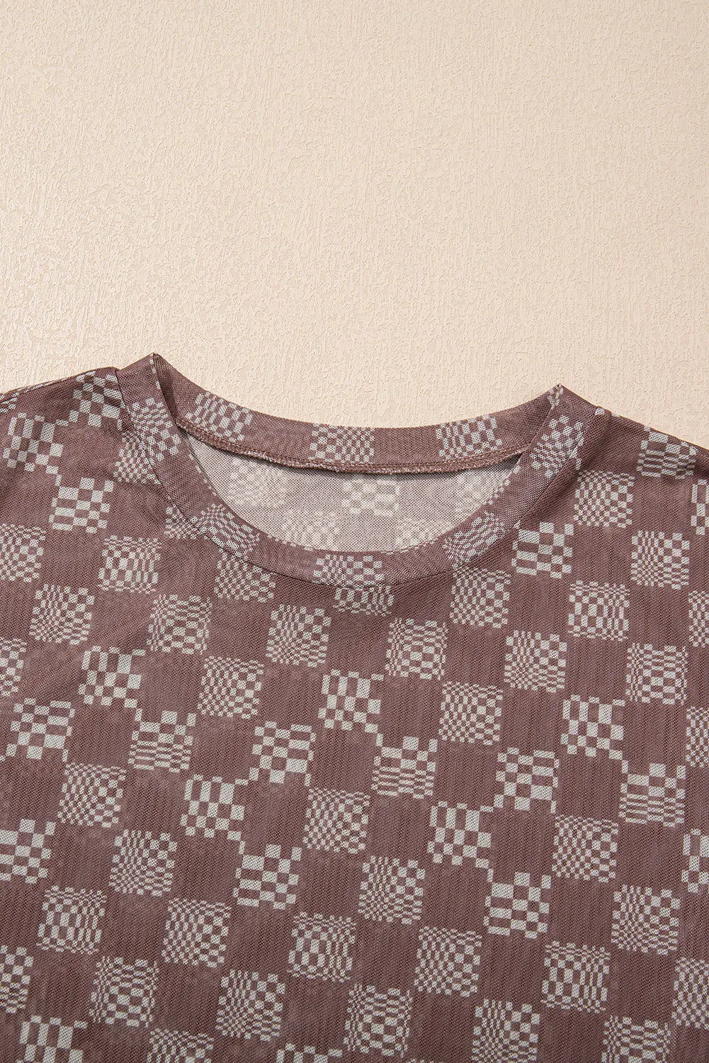 Brown Checkered Print Crewneck Slim Fit Mesh T Shirt