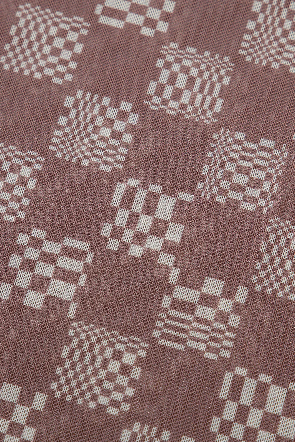 Brown Checkered Print Crewneck Slim Fit Mesh T Shirt