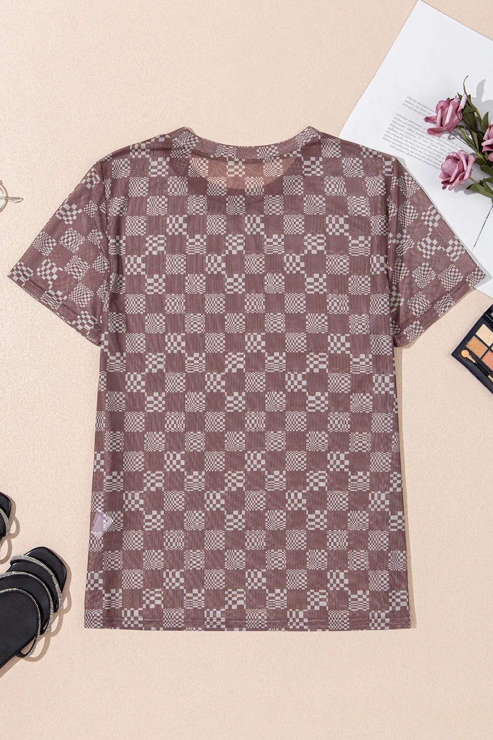 Brown Checkered Print Crewneck Slim Fit Mesh T Shirt