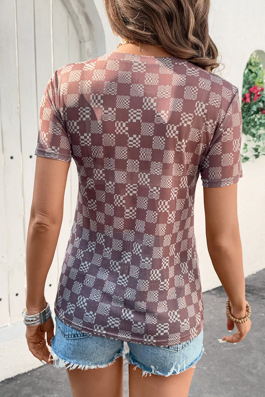 Brown Checkered Print Crewneck Slim Fit Mesh T Shirt