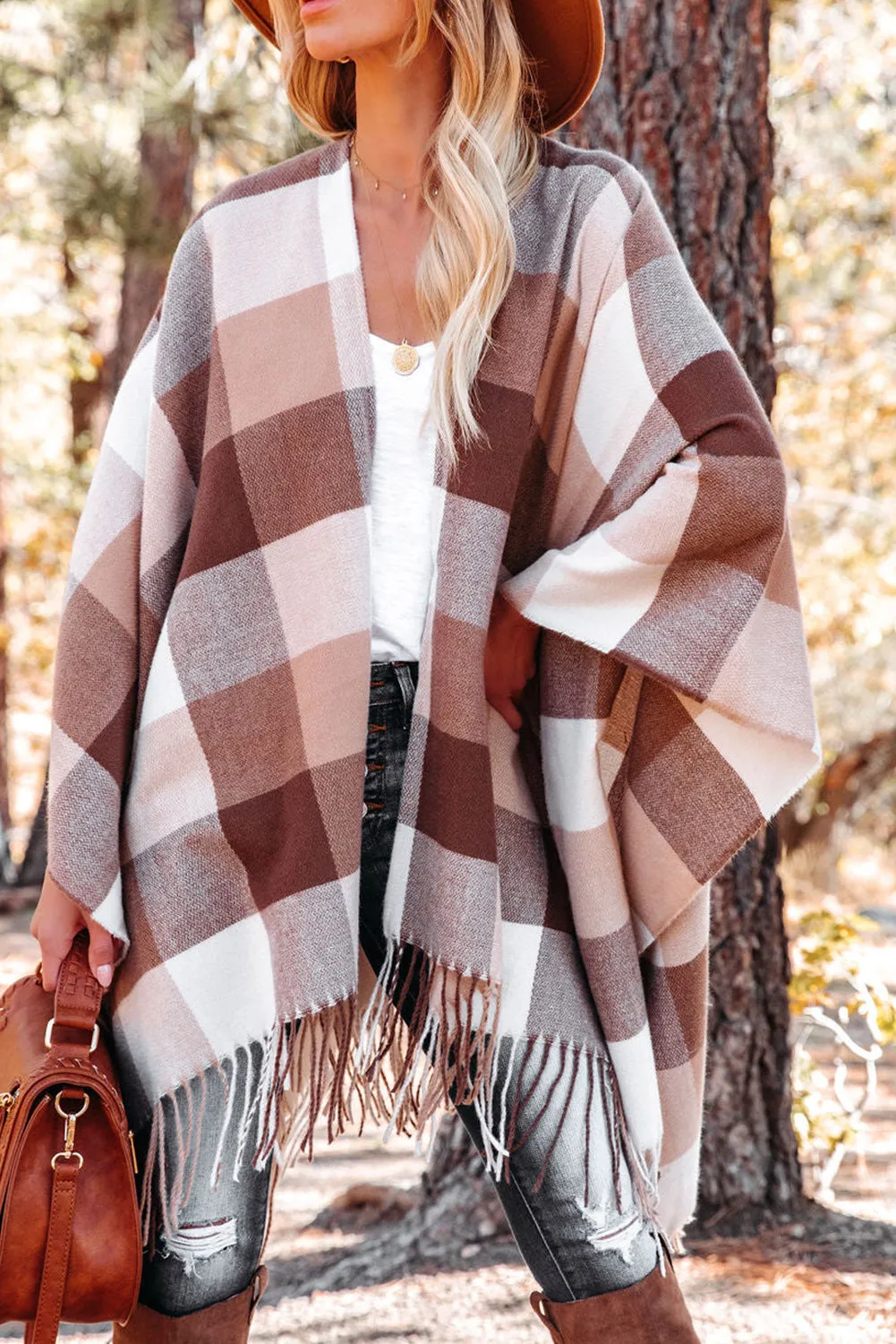 Brown Checkered Print Fringe Hem Poncho Cardigan