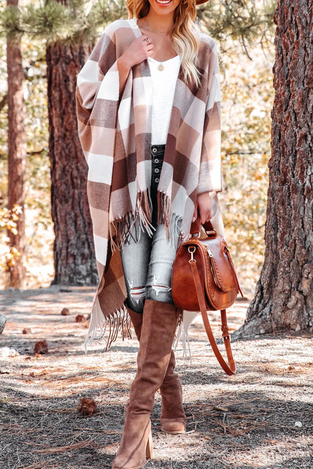 Brown Checkered Print Fringe Hem Poncho Cardigan