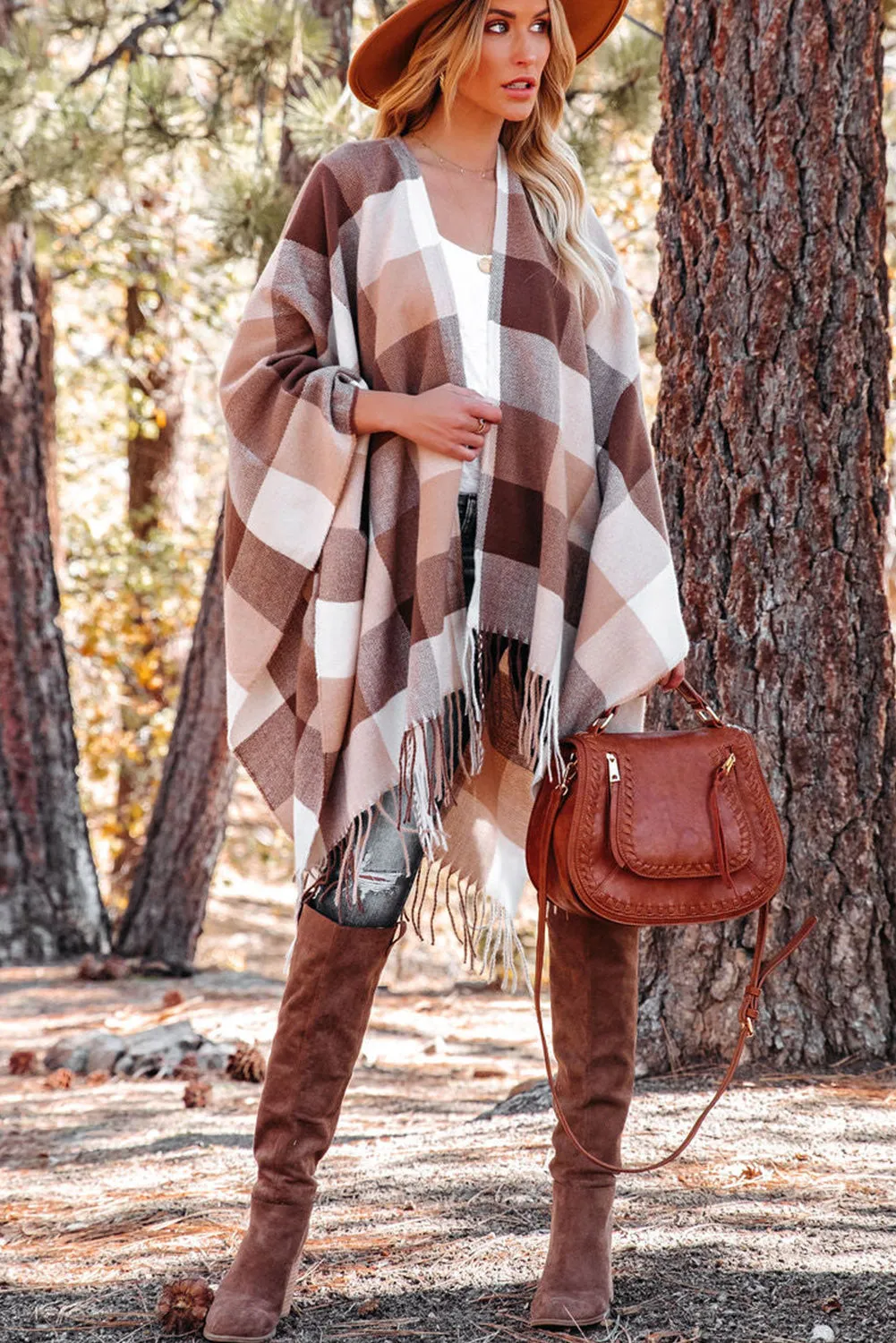 Brown Checkered Print Fringe Hem Poncho Cardigan