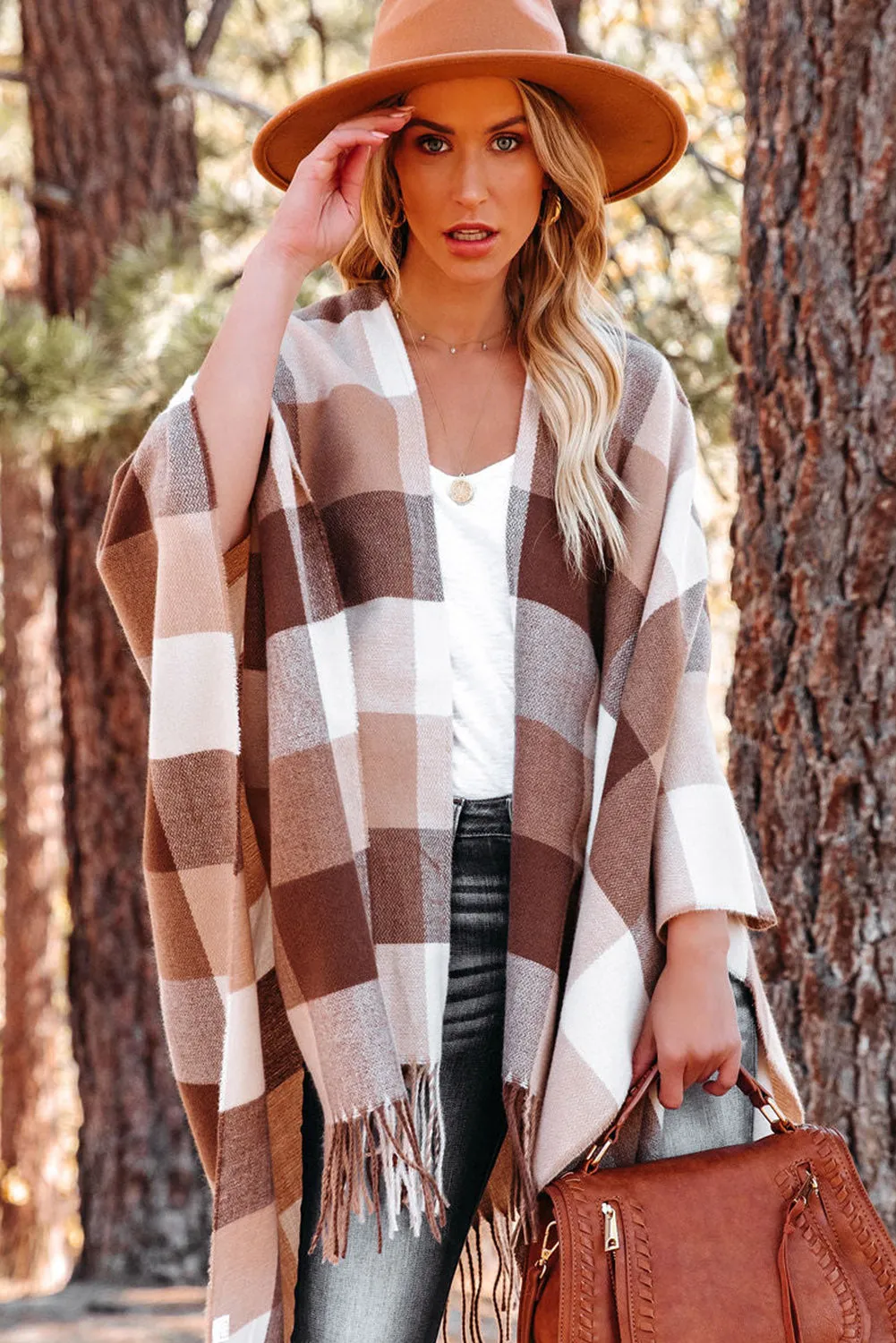 Brown Checkered Print Fringe Hem Poncho Cardigan