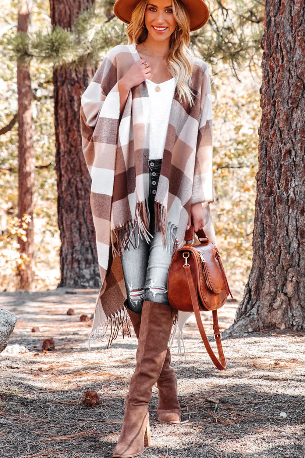 Brown Checkered Print Fringe Hem Poncho Cardigan