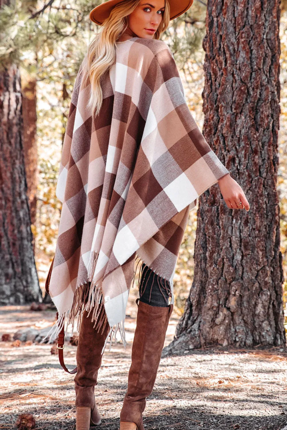Brown Checkered Print Fringe Hem Poncho Cardigan