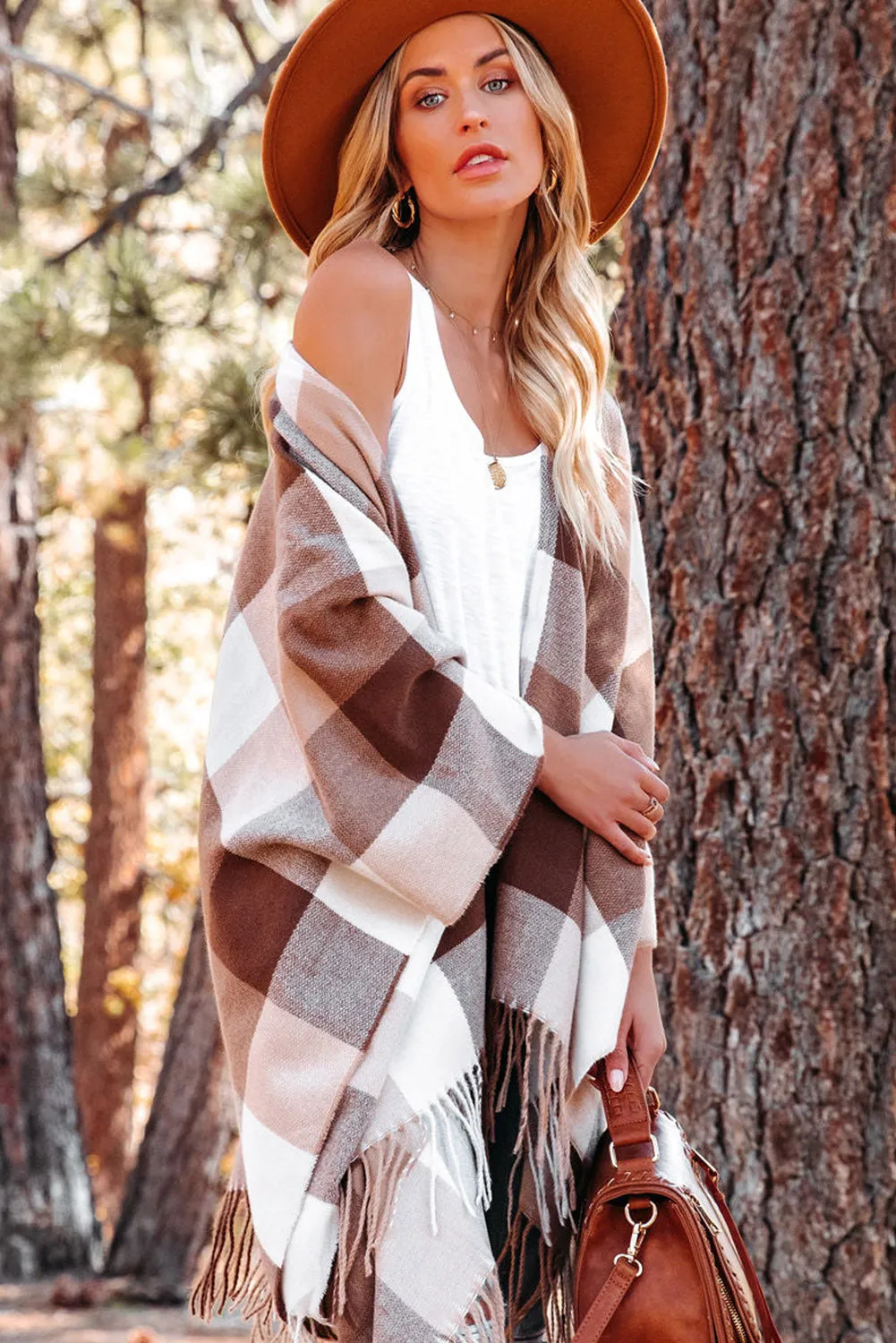 Brown Checkered Print Fringe Hem Poncho Cardigan