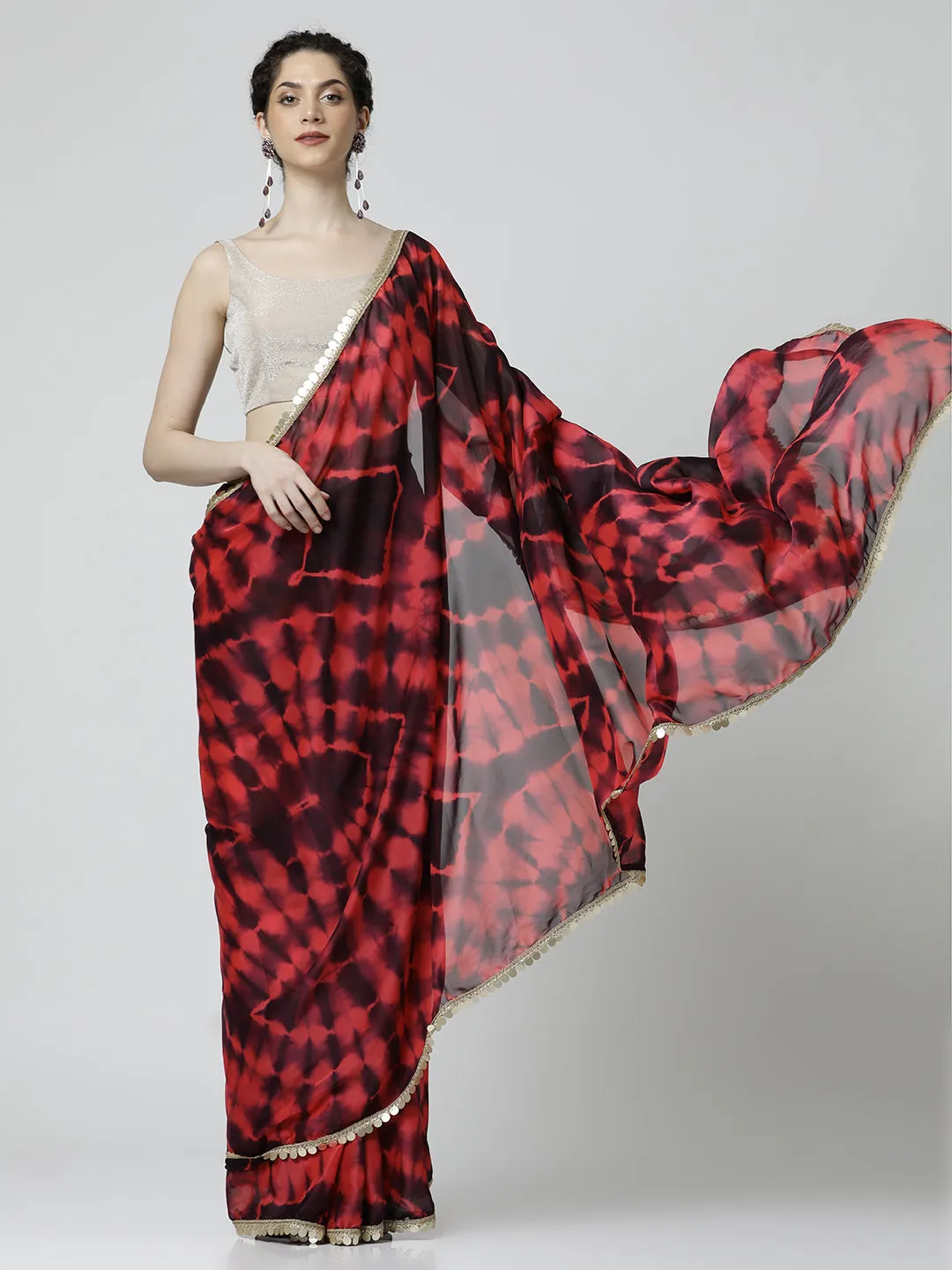 Brown Embellished Satin Tie-Dye Saree