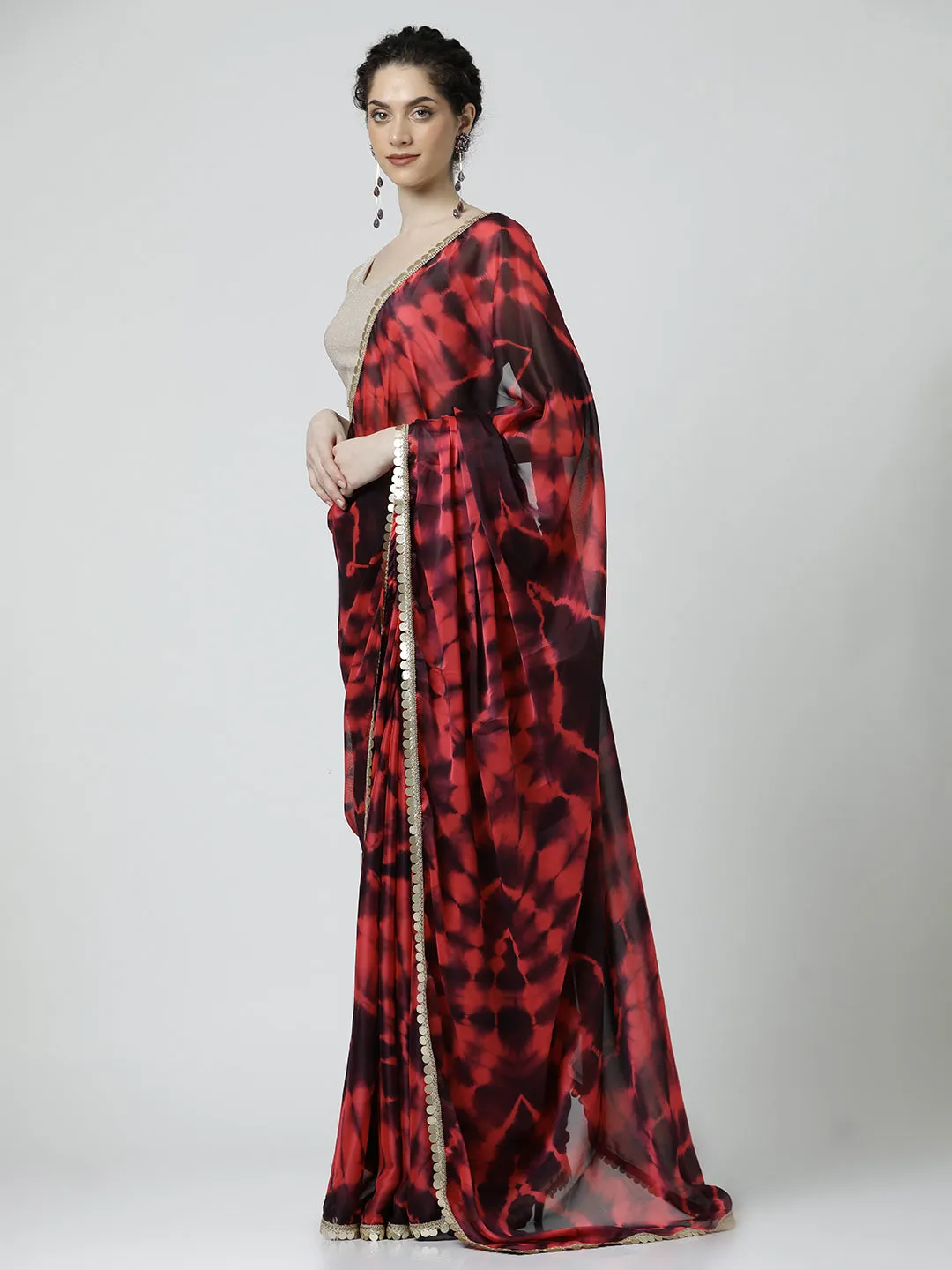 Brown Embellished Satin Tie-Dye Saree