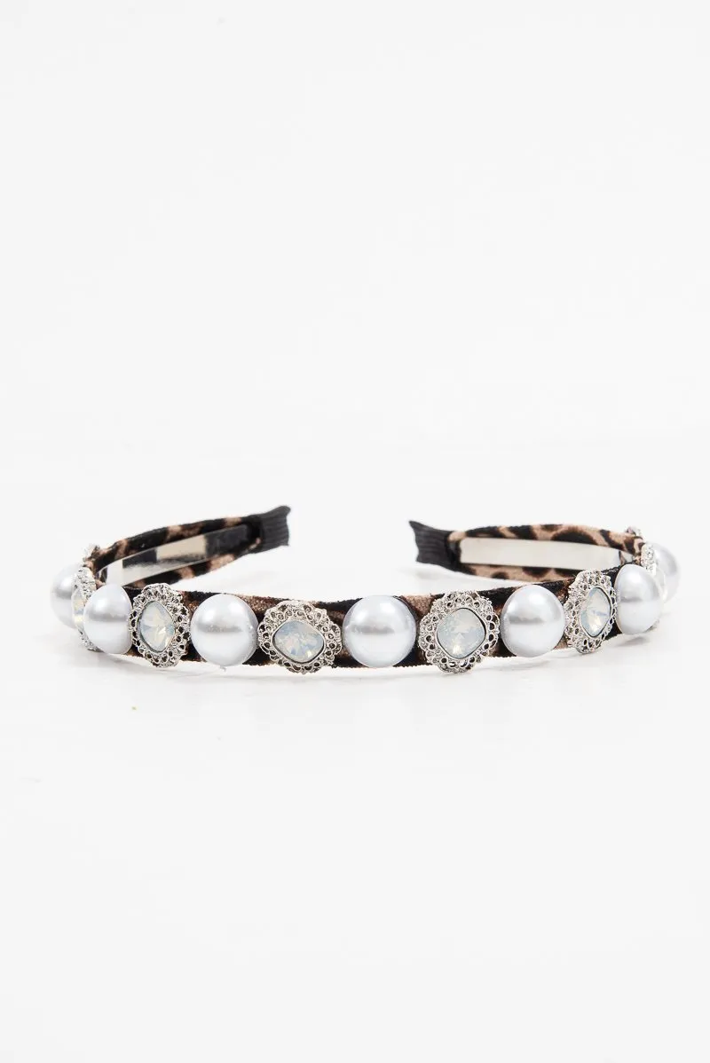 Brown Leopard Print Pearl Embellished Hairband - Joline
