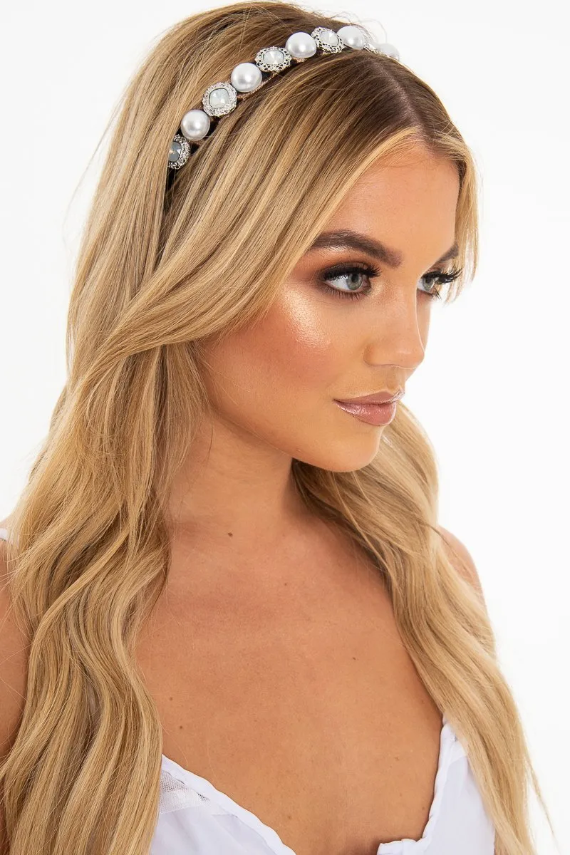Brown Leopard Print Pearl Embellished Hairband - Joline