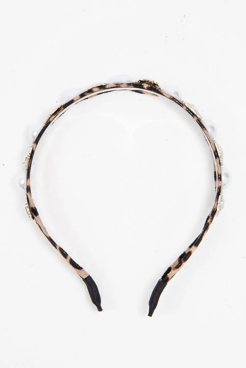 Brown Leopard Print Pearl Embellished Hairband - Joline