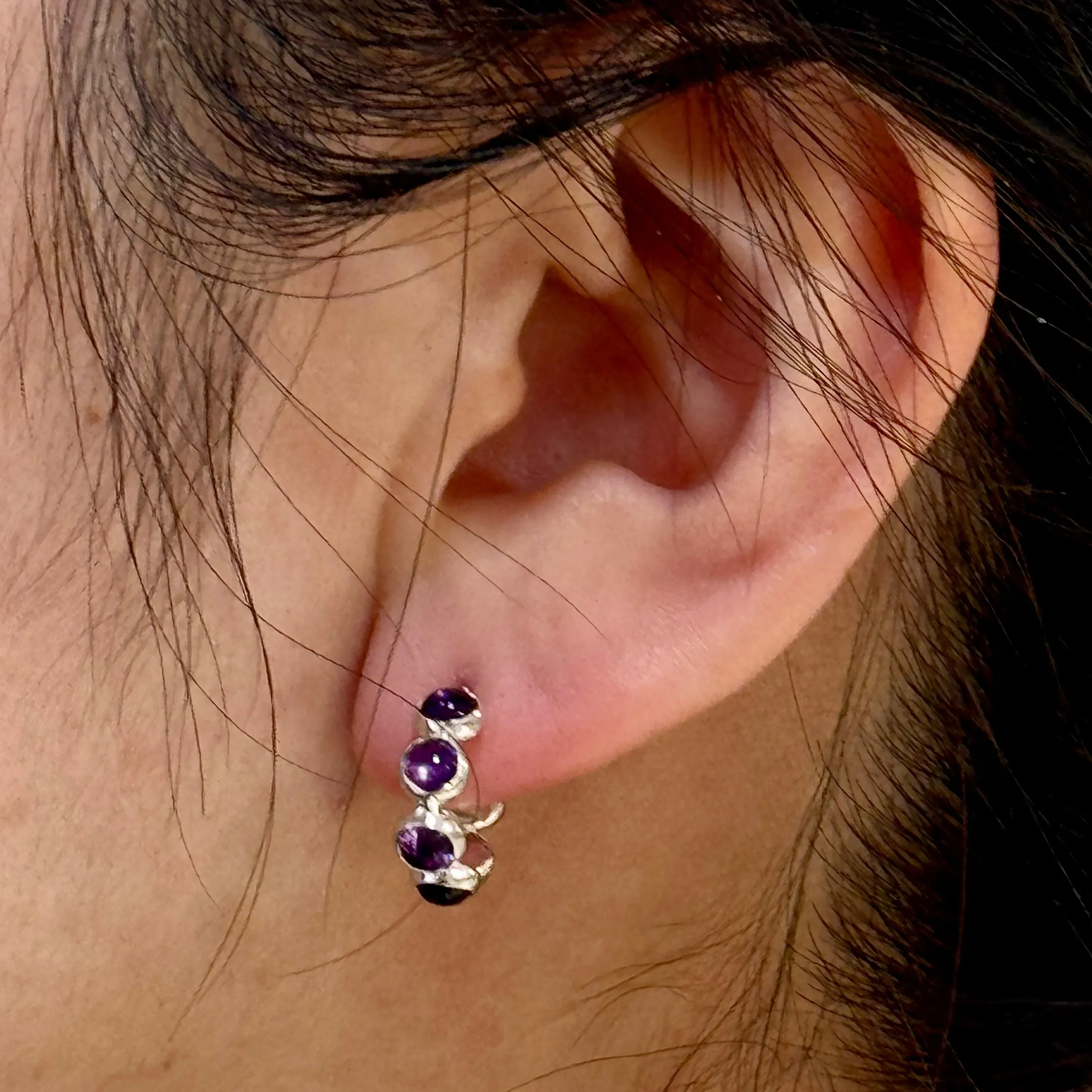 Cabochon Bezel Silver Or Gold Hoops Earrings