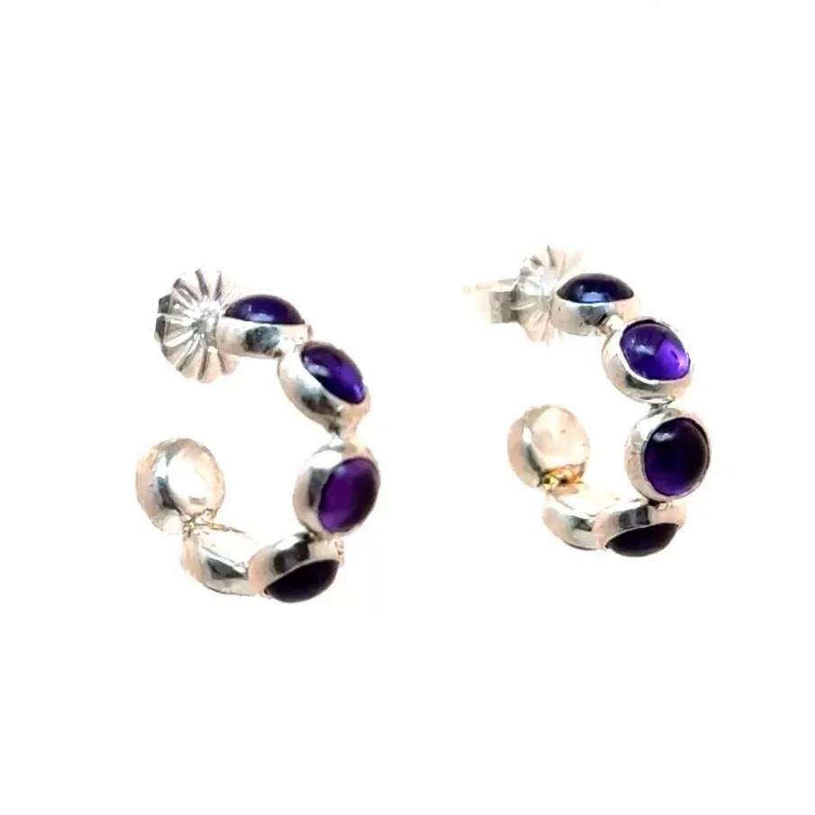 Cabochon Bezel Silver Or Gold Hoops Earrings