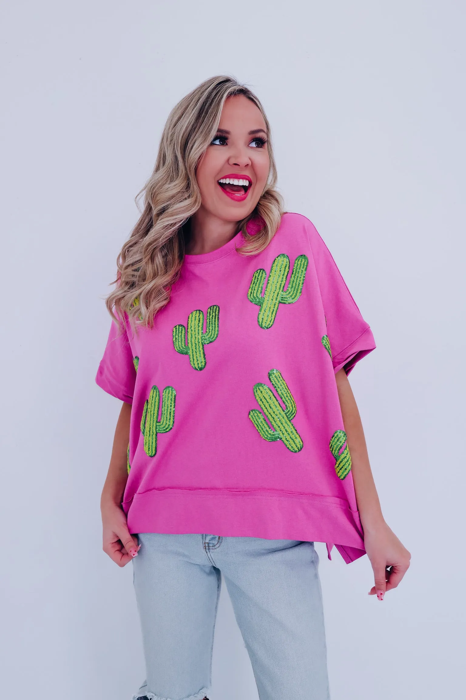 Cacti Sequin Embroidered Oversized Top - Pink