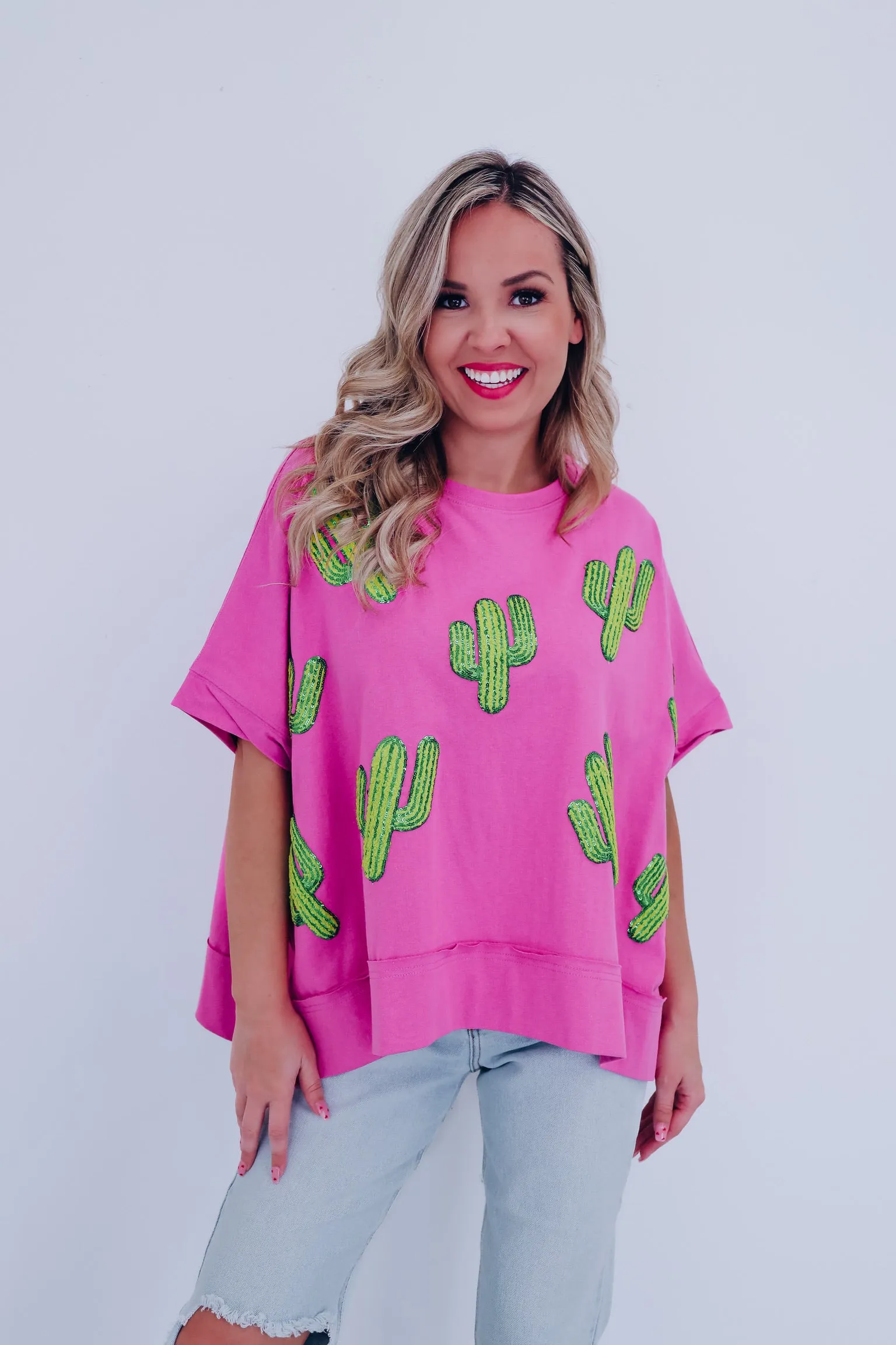 Cacti Sequin Embroidered Oversized Top - Pink